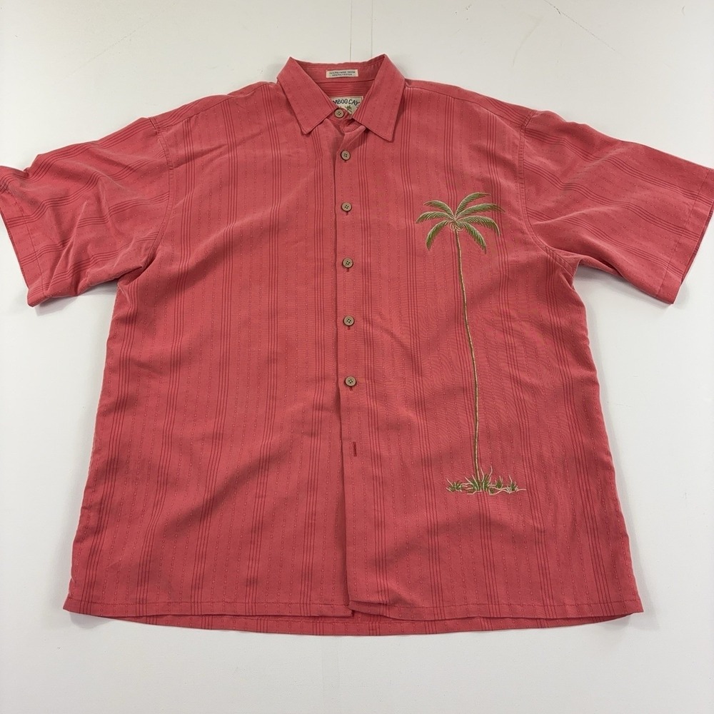 Bamboo Cay Shirt Mens Large Pink Palm Tree Hawaiian Resort Embroidered Button-Up